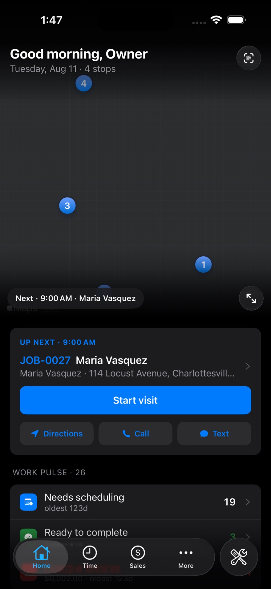 ZippCrew on iPhone showing today's four stops on a map, with the next job — a 9:00 AM water heater replacement for Maria Vasquez — and buttons to start the visit, get directions, call or text.