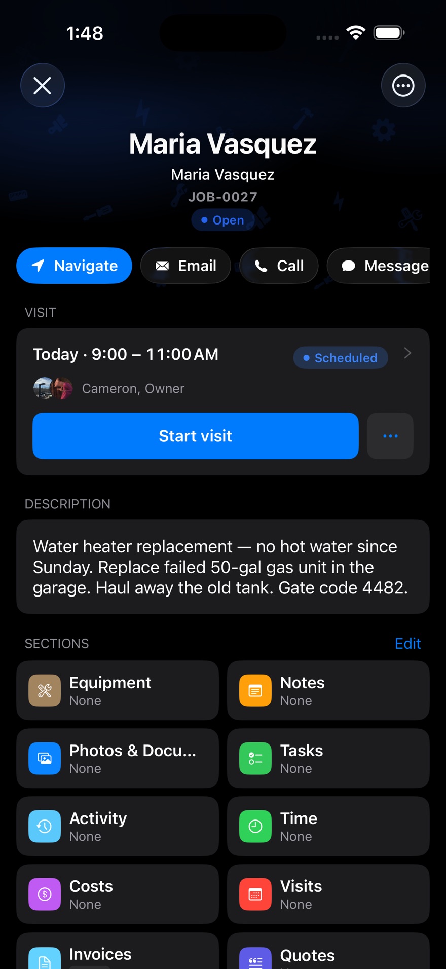 The ZippCrew job screen on iPhone showing the scheduled visit, the job description including the gate code, and tiles for equipment, notes, photos, tasks, time and costs.