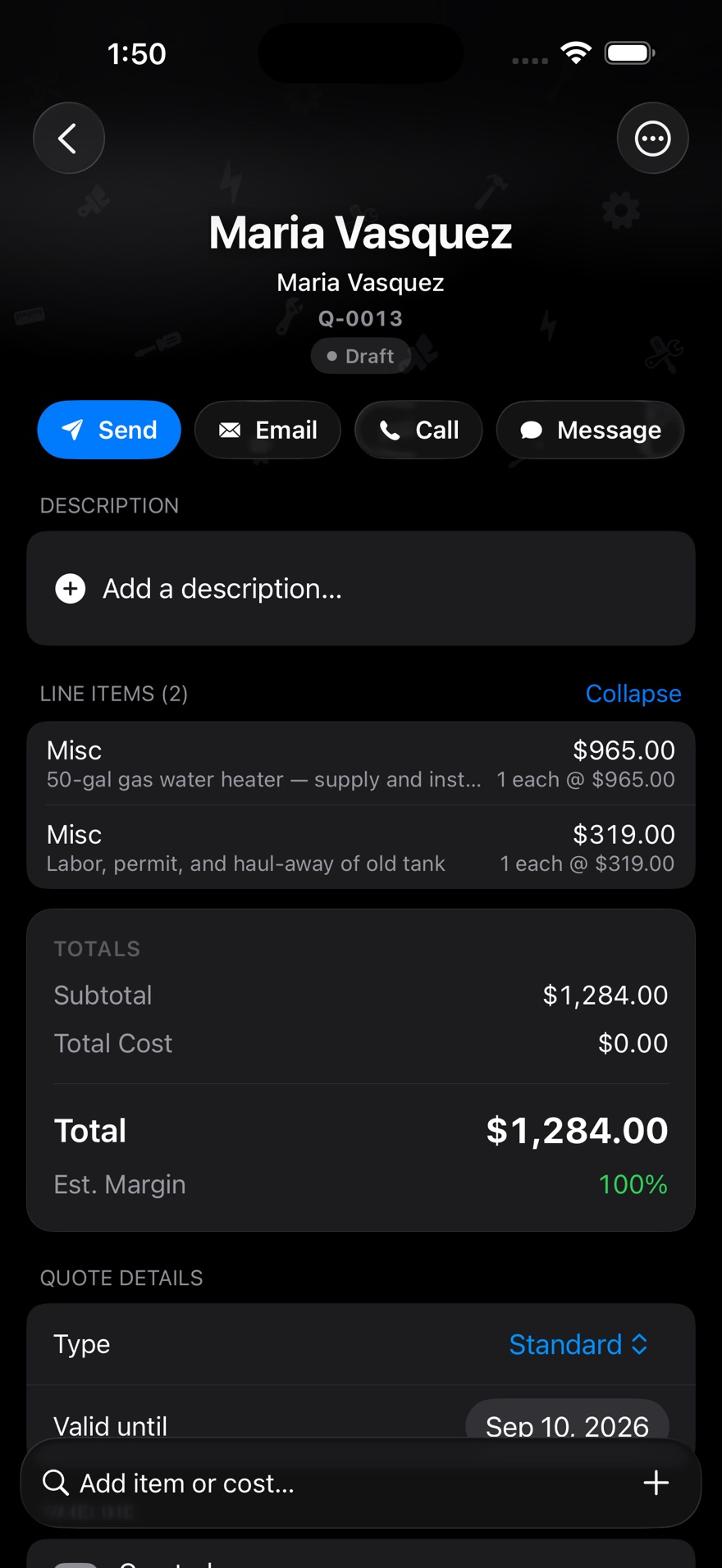 The ZippCrew quote screen on iPhone showing a 50-gallon water heater at $965 and labour at $319, totalling $1,284.00.