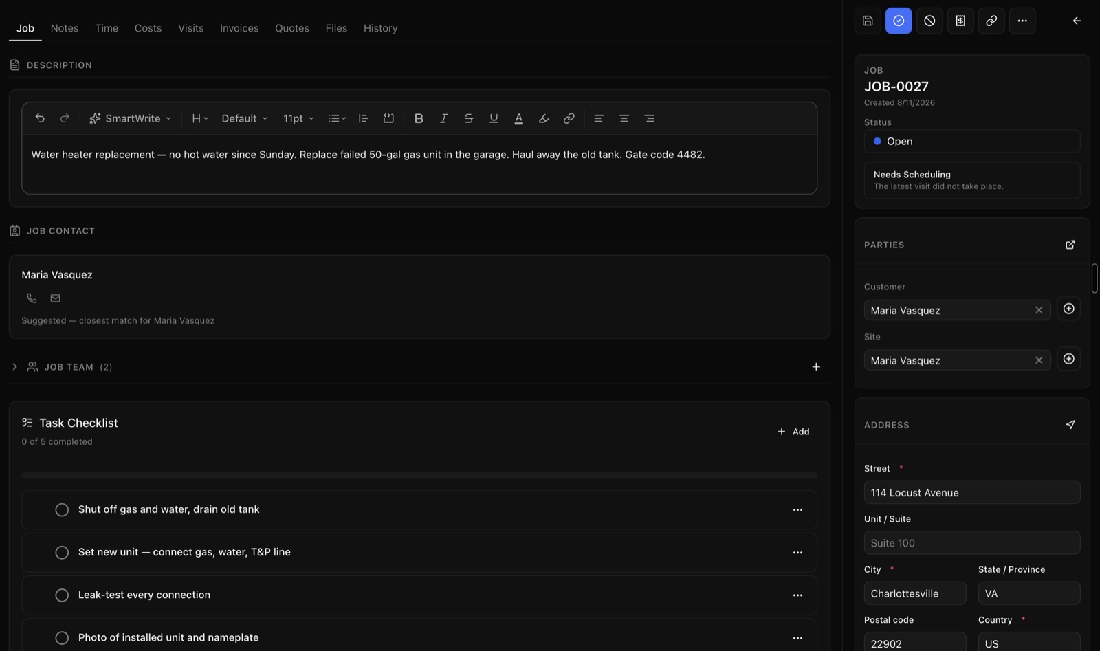 The ZippCrew job workspace showing the description with a gate code, the job contact, and a five-item task checklist.