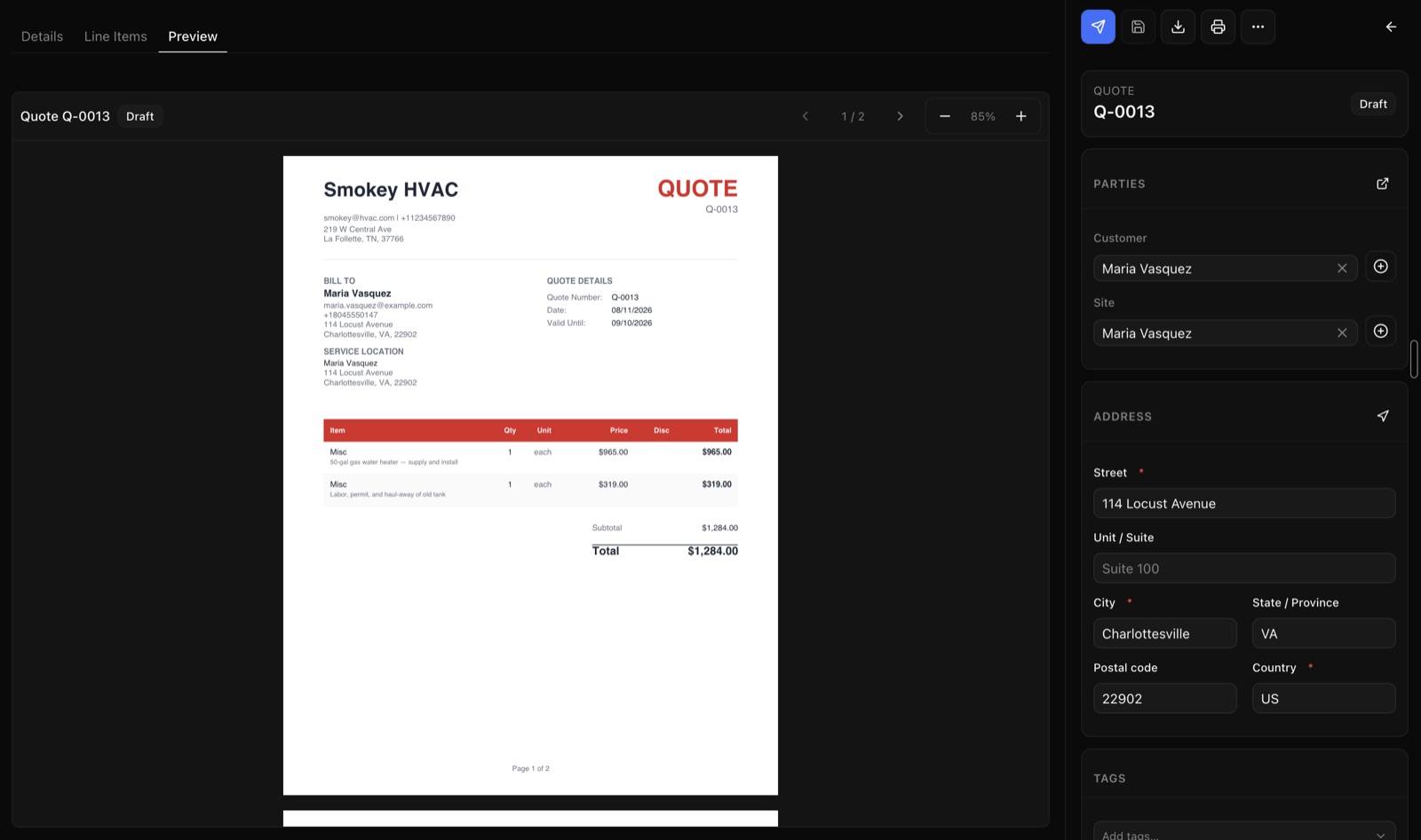 A ZippCrew quote open on the Preview tab, showing the generated PDF with the company's own letterhead, the customer's address, two line items and a $1,284.00 total.
