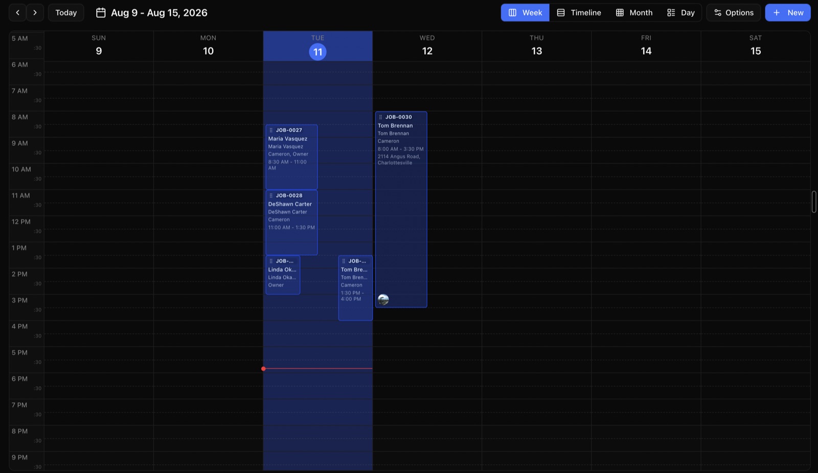 ZippCrew's week calendar showing Tuesday's four scheduled jobs, with a red line marking the current time.